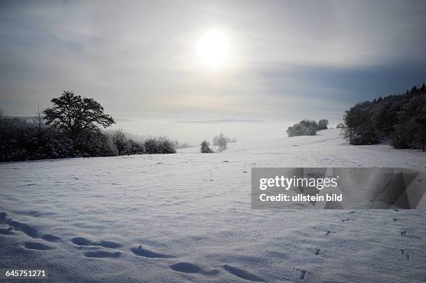 Winter im Saarland. Hier liegt bis zu 20 Zentimeter Schnee in den Höhenlagen des Bliesgaus im Saar-Pfalz-Kreis. Hier der Ort Reinheim bei Gersheim.