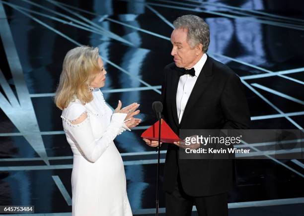 Actors Faye Dunaway and Warren Beatty speak onstage during the 89th Annual Academy Awards at Hollywood & Highland Center on February 26, 2017 in...