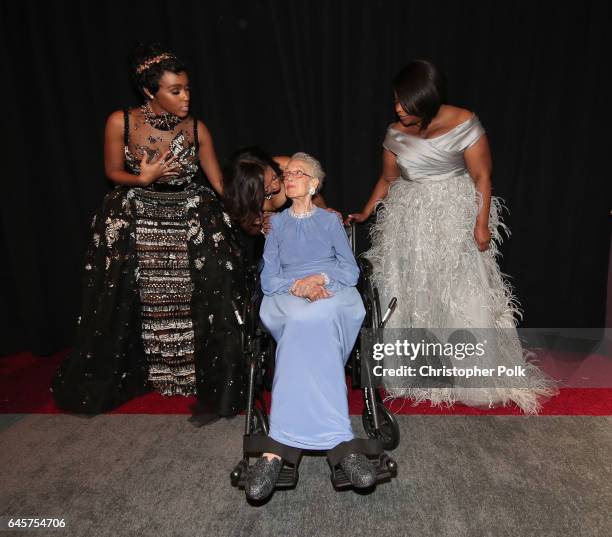 Actor Janelle Monae, NASA mathematician Katherine Johnson and actors Taraji P. Henson and Octavia Spencer pose backstage during the 89th Annual...