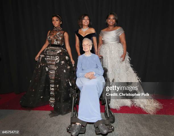 Actor Janelle Monae, NASA mathematician Katherine Johnson and actors Taraji P. Henson and Octavia Spencer pose backstage during the 89th Annual...