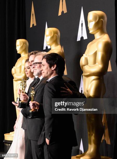 Director Alan Barillaro and producer Marc Sondheimer , winners of the award for Short Film for 'Piper,' pose with presenters Hailee Steinfeld and...