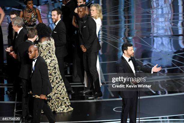 Host Jimmy Kimmel speaks onstage as cast/crew of 'Moonlight' celebrate winning Best Picture during the 89th Annual Academy Awards at Hollywood &...