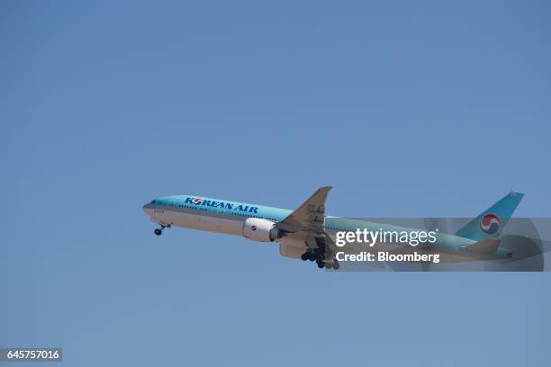 Korean Air Lines Co. Passenger aircraft takes off at Incheon International Airport in Incheon, South Korea, on Monday, Feb. 27, 2017. Korean Air is...