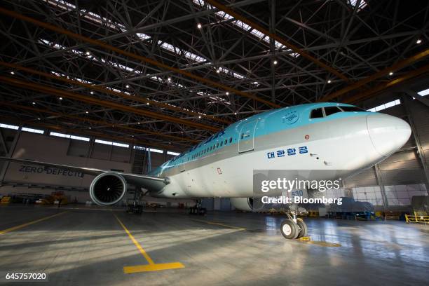 Korean Air Lines Co. Passenger aircraft stands inside a hangar at Incheon International Airport in Incheon, South Korea, on Monday, Feb. 27, 2017....