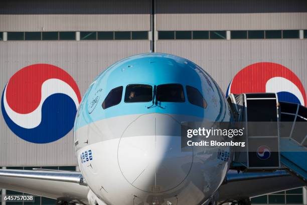 Boeing Co. 787-9 Dreamliner passenger aircraft operated by Korean Air Lines Co. Stands on the tarmac during a media preview at Incheon International...