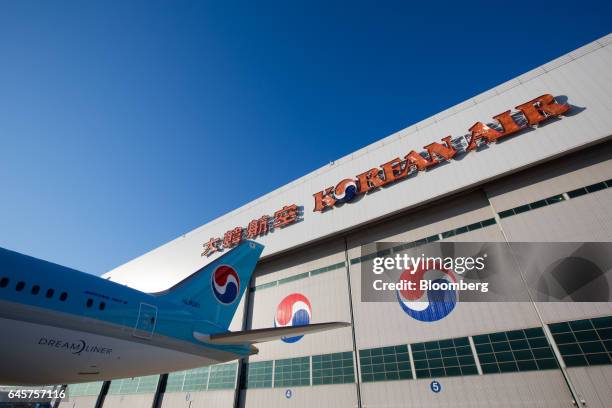 Boeing Co. 787-9 Dreamliner passenger aircraft operated by Korean Air Lines Co. Stands on the tarmac in front of Korean Air's hanger during a media...