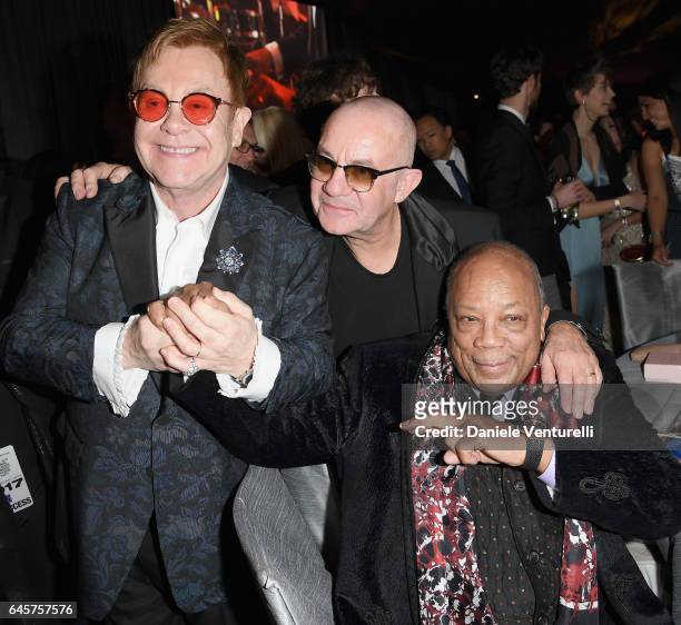 Elton John, Bernie Taupin and Quincy Jones attend Bulgari at the 25th Annual Elton John AIDS Foundation's Academy Awards Viewing Party at on February...