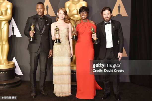 Mahershala Ali, Emma Stone, Viola Davis and Casey Affleck attend the 89th Annual Academy Awards - Press Room at Hollywood & Highland Center on...