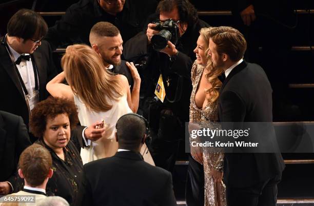 Actor Justin Timberlake, Chief Executive Officer of the Academy of Motion Picture Arts and Sciences Dawn Hudson, actor Ryan Gosling and Mandi Gosling...