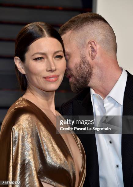 Actor Jessica Biel and actor-recording artist Justin Timberlake attend the 2017 Vanity Fair Oscar Party hosted by Graydon Carter at Wallis Annenberg...