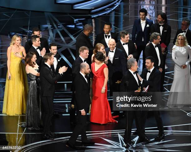 La La Land' producer Jordan Horowitz , actor Warren Beatty and host Jimmy Kimmel stop the show to announce the actual Best Picture winner as...