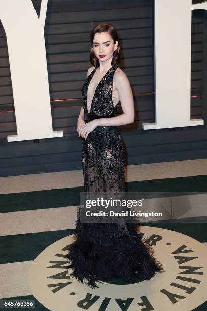 Actress Lily Collins attends the 2017 Vanity Fair Oscar Party hosted by Graydon Carter at the Wallis Annenberg Center for the Performing Arts on...