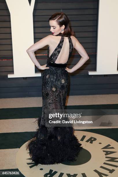 Actress Lily Collins attends the 2017 Vanity Fair Oscar Party hosted by Graydon Carter at the Wallis Annenberg Center for the Performing Arts on...