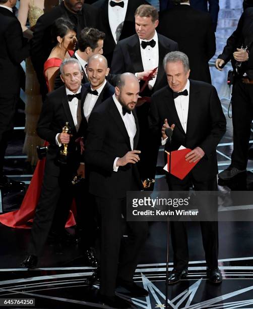 La La Land' producer Jordan Horowitz announces actual Best Picture winner as 'Moonlight' after a presentation error with actor Warren Beatty onstage...