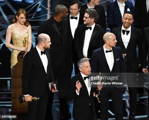 Prior to learning of a presentation error, 'La La Land' producers Marc Platt , Jordan Horowitz and Fred Berger accept the Best Picture award for 'La...