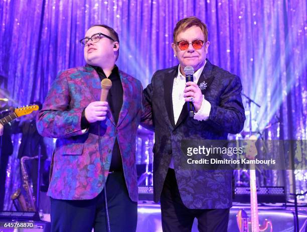 Singer Paul Janeway of St. Paul and The Broken Bones and host Sir Elton John perform during the 25th Annual Elton John AIDS Foundation's Academy...