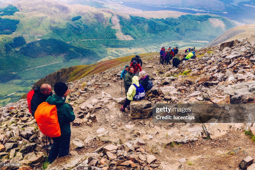 Hikers resting on Ben Nevis path, Scotland