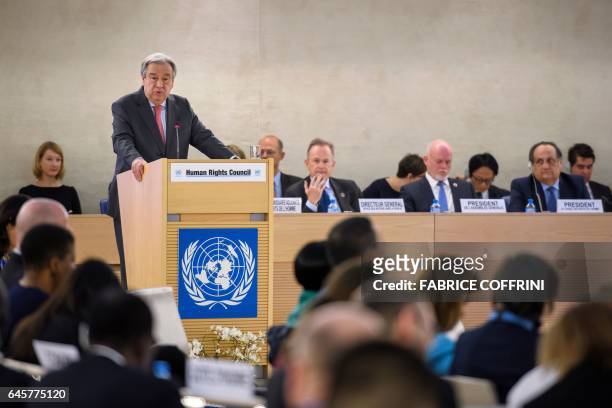 Secretary-General Antonio Guterres delivers a speech at the opening of the United Nations Human Rights Council on February 27, 2017 in Geneva. The...