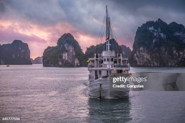 touristenboot in halong bay vietnam - scène tranquille stock-fotos und bilder