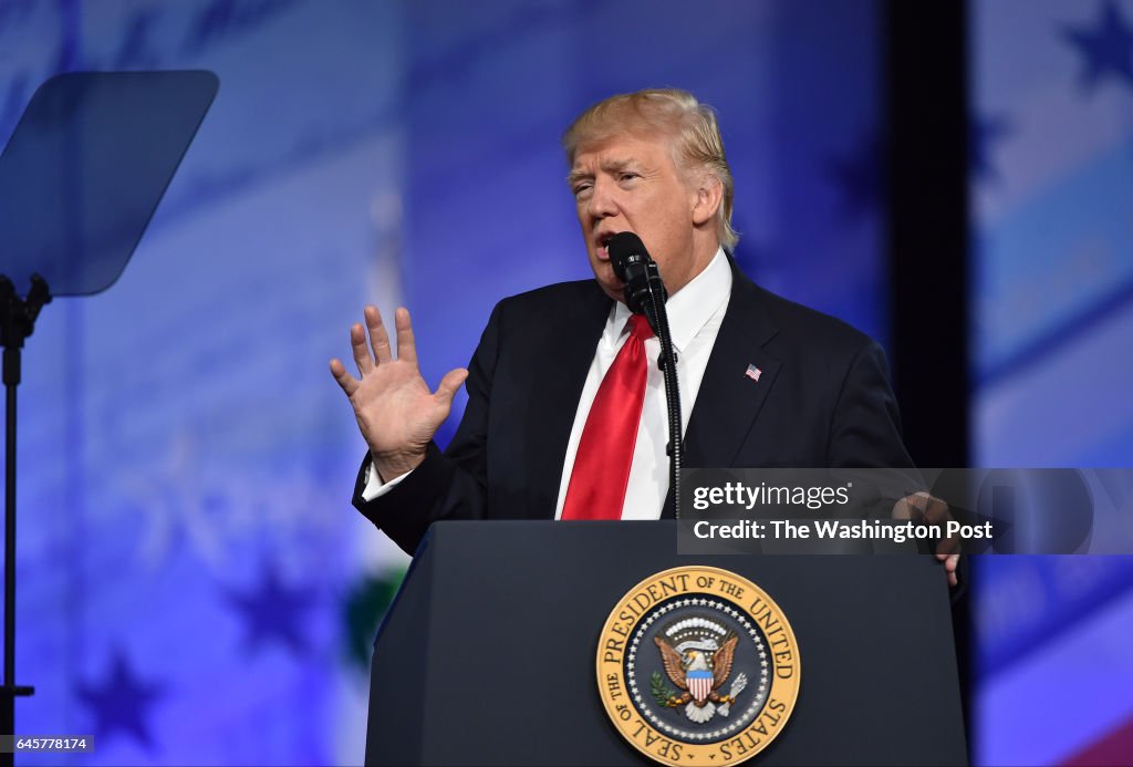 OXON HILL, MD - FEBRUARY 24: President Donald Trump addresses t