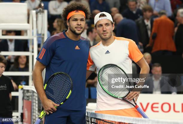 Jo-Wilfried Tsonga of France and Lucas Pouille of France pose at the net before the final of the Open 13, an ATP 250 tennis tournament at Palais des...