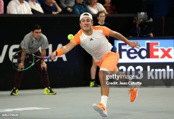Lucas Pouille of France in action during the final of the Open 13, an ATP 250 tennis tournament at Palais des Sports on February 26, 2017 in...