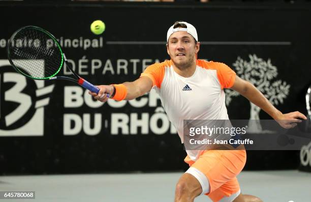 Lucas Pouille of France in action during the final of the Open 13, an ATP 250 tennis tournament at Palais des Sports on February 26, 2017 in...