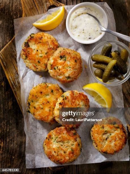 crispy golden fish cakes - potato pancake stock pictures, royalty-free photos & images