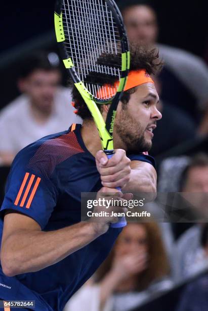 Jo-Wilfried Tsonga of France in action during the final of the Open 13, an ATP 250 tennis tournament at Palais des Sports on February 26, 2017 in...