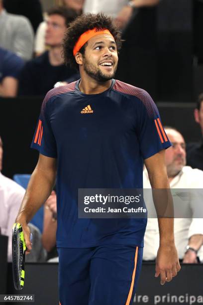 Jo-Wilfried Tsonga of France reacts during the final of the Open 13, an ATP 250 tennis tournament at Palais des Sports on February 26, 2017 in...