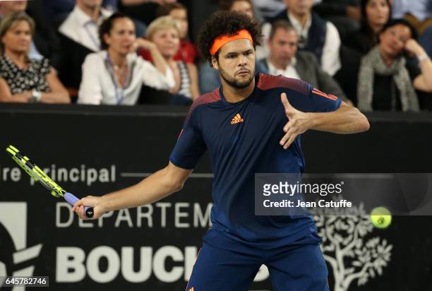Jo-Wilfried Tsonga of France in action during the final of the Open 13, an ATP 250 tennis tournament at Palais des Sports on February 26, 2017 in...
