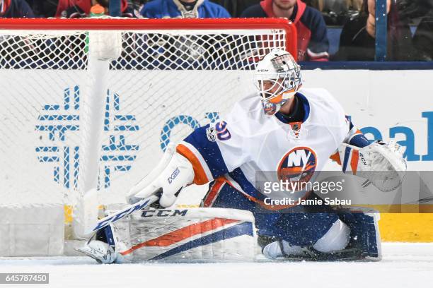 Goaltender Jean-Francois Berube of the New York Islanders defends the net against the Columbus Blue Jackets on February 25, 2017 at Nationwide Arena...