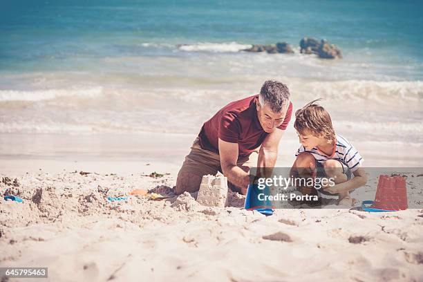 father and boy making sandcastle on sunny day - château de sable photos et images de collection