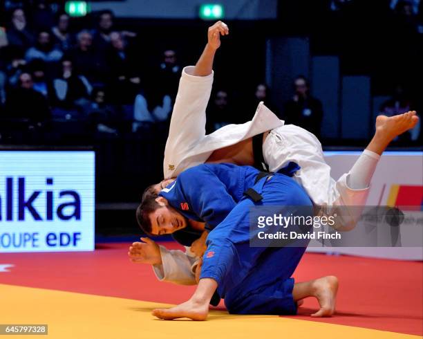 Kazbek Zankishiev of Russia throws Johannes Frey of Germany for a wazari to win the u100kg bronze medal during the 2017 Dusseldorf Grand Prix at the...
