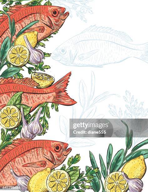 hand drawn detailed fish and vegetables - seafood background stock illustrations