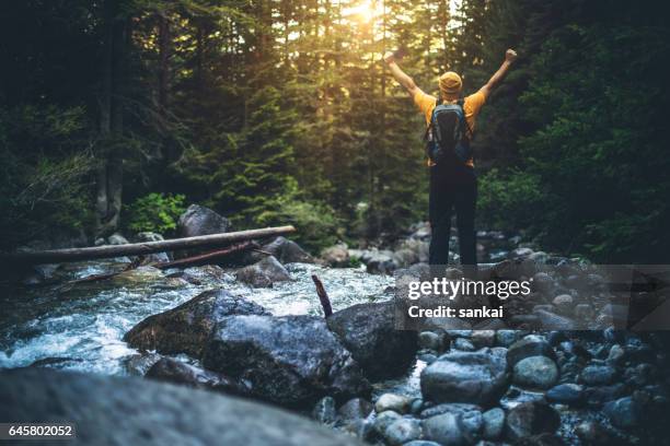 man stands alone at the edge of stream in mountains, his arms raised - pirin mountains stock pictures, royalty-free photos & images