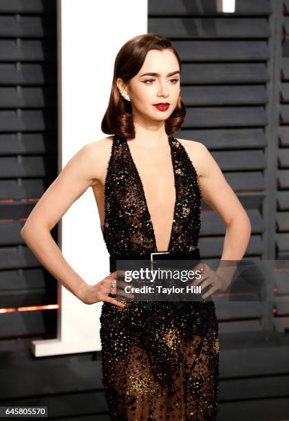 Actress Lily Collins attends 2017 Vanity Fair Oscar Party Hosted By Graydon Carter at Wallis Annenberg Center for the Performing Arts on February 26,...