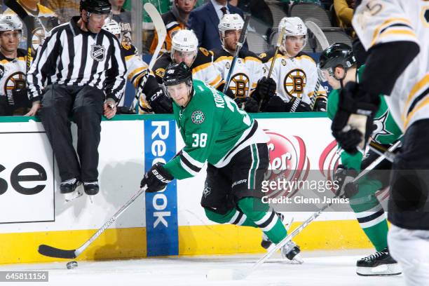 Lauri Korpikoski of the Dallas Stars handles the puck against the Boston Bruins at the American Airlines Center on February 26, 2017 in Dallas, Texas.