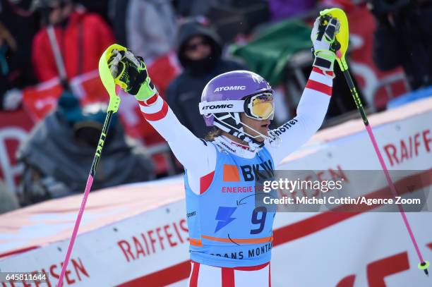 Michaela Kirchgasser of Austria takes 3rd place during the Audi FIS Alpine Ski World Cup Women's Alpine Combined on February 24, 2017 in Crans...