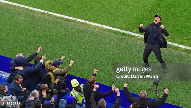 Antonio Conte manager of Chelsea celebrates in front of fans during the Premier League match between Chelsea and Swansea City at Stamford Bridge on...