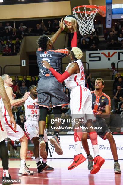 Wilfried Yeguete of Le Mans and Jamal Shuler of Monaco during the French Pro A match between Monaco and Le Mans on February 25, 2017 in Monaco,...