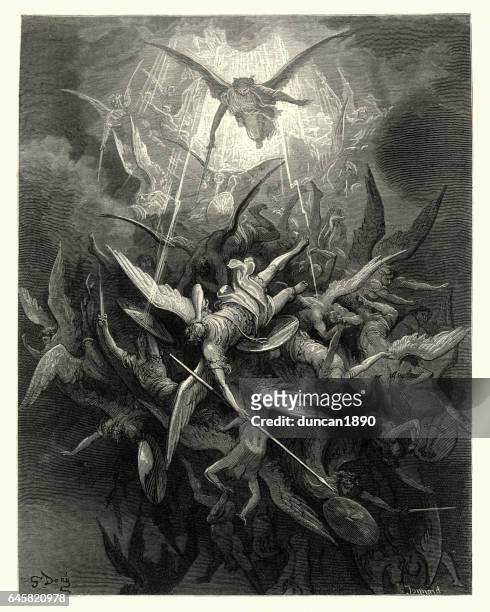 milton's paradise lost -  gustave dore - almightly power - lost angels stock illustrations