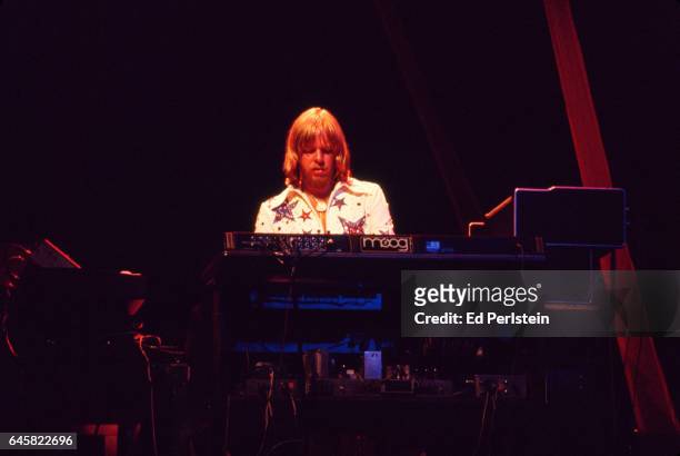 Rick Wakeman performs with Yes at the Oakland Coliseum in Oakland, California on September 21, 1977
