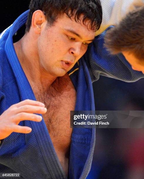 Aaron Wolf of Japan defeated Benjamin Fletcher of Great Britain to reach the u100kg final during the 2017 Dusseldorf Grand Prix at the Mitsubishi...