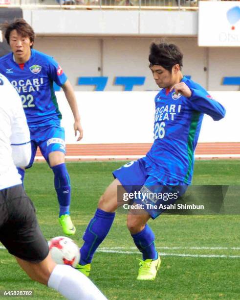 Taro Sugimoto of Tokushima Vortis scores the opening goal during the J.League J2 match between Tokushima Vortis and Tokyo Verdy at Pocari Sweat...