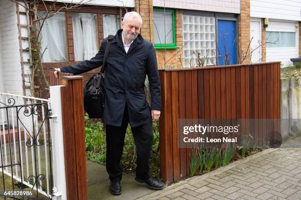 Labour Party leader Jeremy Corbyn leaves his home on February 27, 2017 in London, England. Shadow Chancellor John McDonnell has claimed that a "soft...