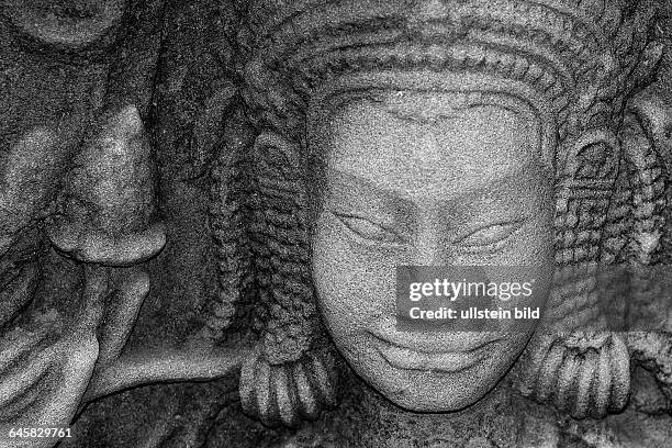 Gesicht von Bodhisattva, Steinrelief in Angkor Wat, Kambodscha,