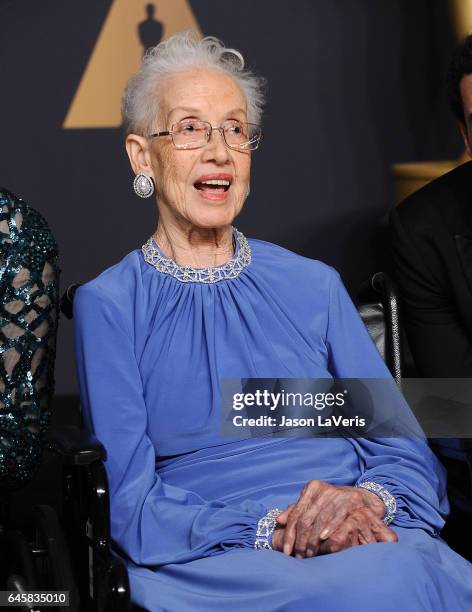 Physicist Katherine Johnson poses in the press room at the 89th annual Academy Awards at Hollywood & Highland Center on February 26, 2017 in...