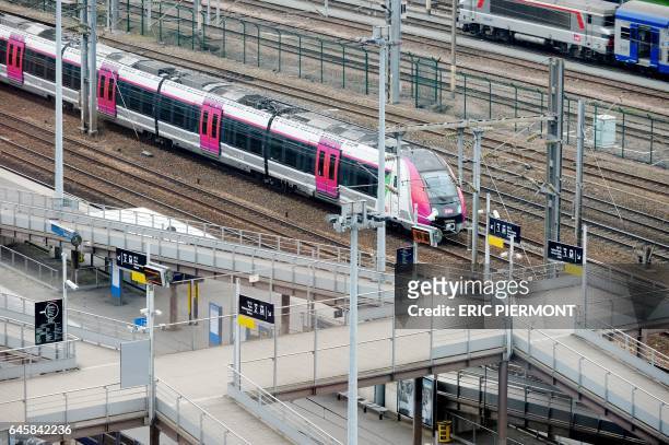 Train passes the Stade de France Saint-Denis station, outside Paris, on February 27, 2017.