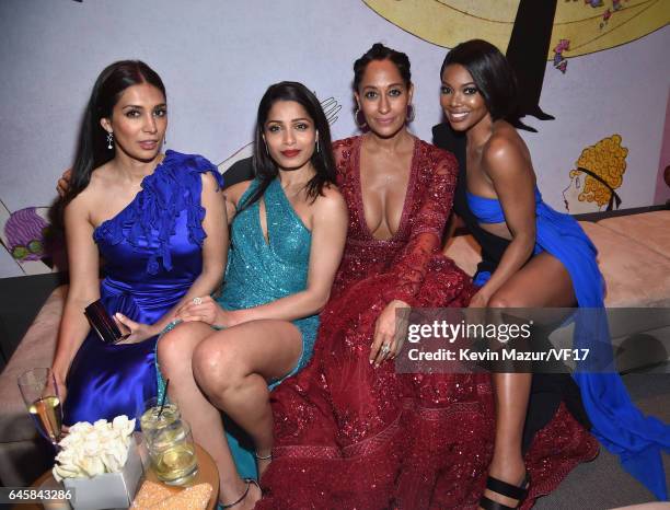 Actors Freida Pinto, Tracee Ellis Ross and Gabrielle Union attend the 2017 Vanity Fair Oscar Party hosted by Graydon Carter at Wallis Annenberg...